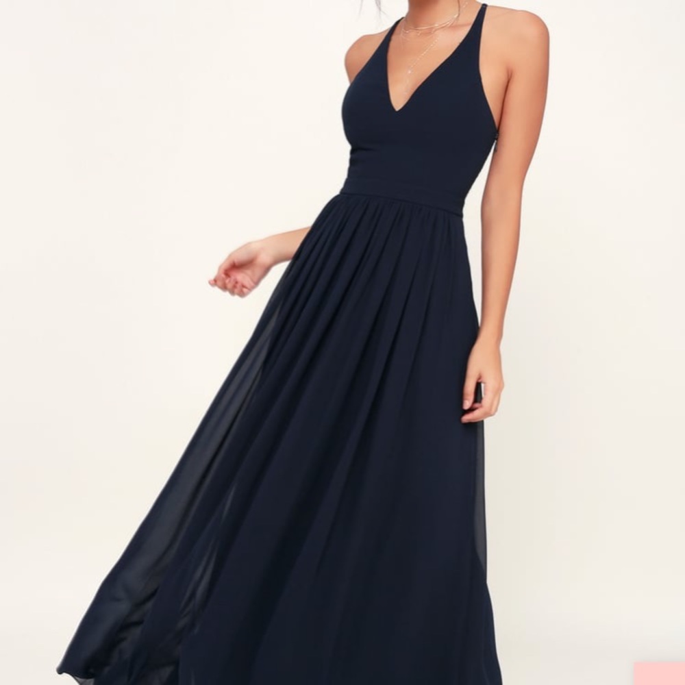 LuLu’s Love Spell Navy Lace-back Maxi Dress